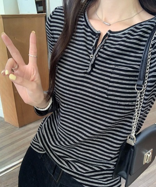 Teem Store（チームストア）の「【新色追加】【四色展開】 ボーダーヘンリーネックロンT（Tシャツ/カットソー・レディース・ブラック/ホワイト/アイボリー/グレー・M/L/S）」の15枚目の写真