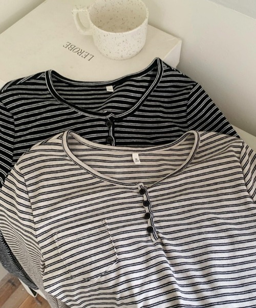 Teem Store（チームストア）の「【新色追加】【四色展開】 ボーダーヘンリーネックロンT（Tシャツ/カットソー・レディース・ブラック/ホワイト/アイボリー/グレー・M/L/S）」の7枚目の写真