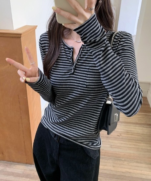 Teem Store（チームストア）の「【新色追加】【四色展開】 ボーダーヘンリーネックロンT（Tシャツ/カットソー・レディース・ブラック/ホワイト/アイボリー/グレー・M/L/S）」の14枚目の写真