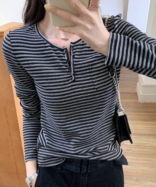 Teem Store（チームストア）の「【新色追加】【四色展開】 ボーダーヘンリーネックロンT（Tシャツ/カットソー・レディース・ブラック/ホワイト/アイボリー/グレー・M/L/S）」の16枚目の写真