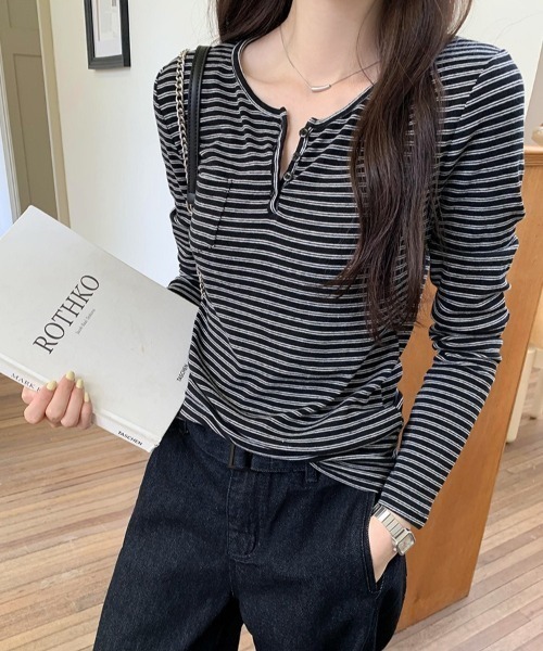 Teem Store（チームストア）の「【新色追加】【四色展開】 ボーダーヘンリーネックロンT（Tシャツ/カットソー・レディース・ブラック/ホワイト/アイボリー/グレー・M/L/S）」の20枚目の写真