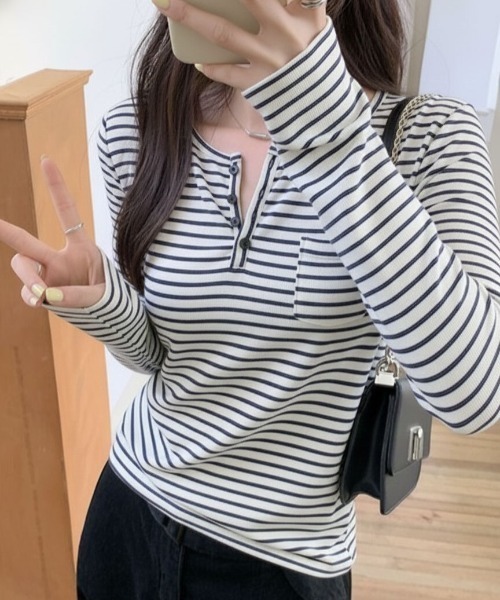 Teem Store（チームストア）の「【新色追加】【四色展開】 ボーダーヘンリーネックロンT（Tシャツ/カットソー・レディース・ブラック/ホワイト/アイボリー/グレー・M/L/S）」の21枚目の写真