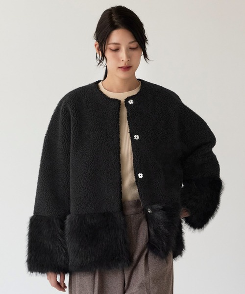 Filomo（フィローモ）の「[Filomo]ムートン調 フェイクファー ジャケット ノーカラー（ノーカラージャケット・レディース・ブラック/ベージュ・FREE）」の2枚目の写真