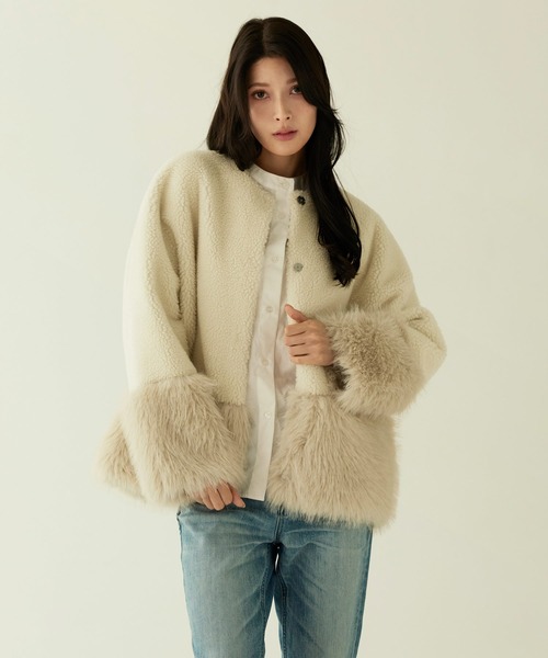 Filomo（フィローモ）の「[Filomo]ムートン調 フェイクファー ジャケット ノーカラー（ノーカラージャケット・レディース・ブラック/ベージュ・FREE）」の4枚目の写真