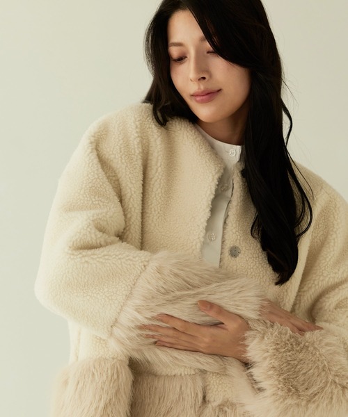 Filomo]ムートン調 フェイクファー ジャケット ノーカラー（ノーカラー