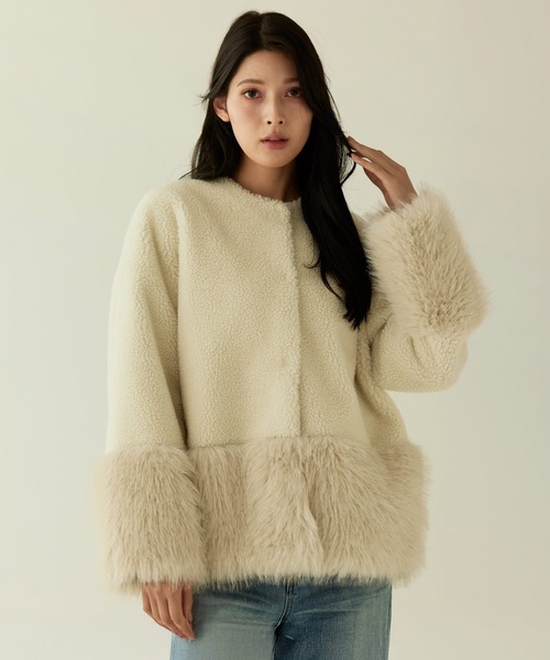 Filomo（フィローモ）の「[Filomo]ムートン調 フェイクファー ジャケット ノーカラー（ノーカラージャケット・レディース・ブラック/ベージュ・FREE）」の7枚目の写真