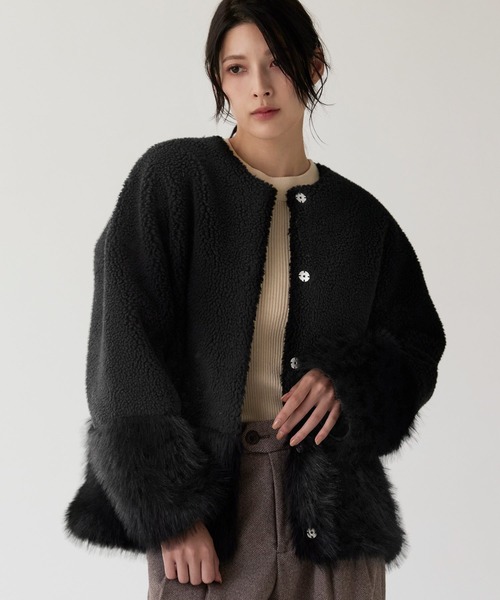 Filomo（フィローモ）の「[Filomo]ムートン調 フェイクファー ジャケット ノーカラー（ノーカラージャケット・レディース・ブラック/ベージュ・FREE）」の18枚目の写真