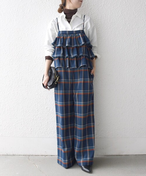 SHIPS any:〈洗濯機可能〉チェック フリル ティアード サロペット