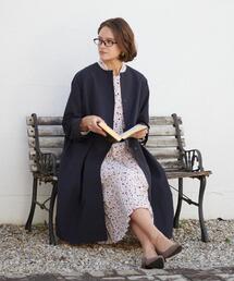 バーニーズニューヨーク ノーカラー ロングコート コクーン ウール ブルー M ファー襟付きカシミヤステンカラーコート（2184357）｜BARNEYS