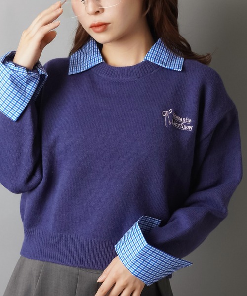 セール】シャツレイヤード風ニット/チェック/リボンロゴ（ニット