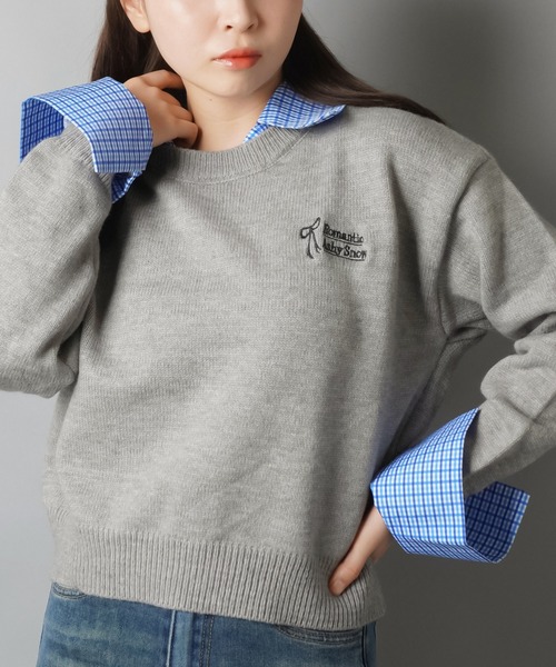 セール】シャツレイヤード風ニット/チェック/リボンロゴ（ニット