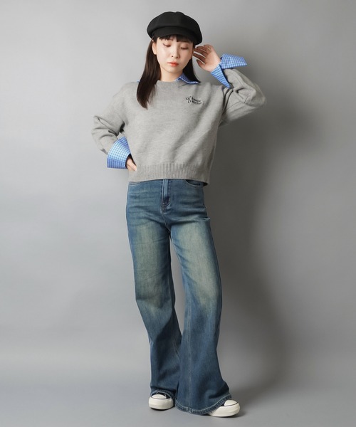 SPINNS(スピンズ)の「シャツレイヤード風ニット/チェック/リボンロゴ(ニット/セーター・レディース・レッド/グレー/オフホワイト/ネイビー・ONESIZE)」の9枚目の写真