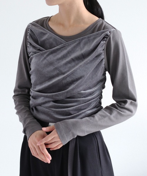 cepo（セポ）の「異素材クロスドッキング ベロアロングスリーブTee（Tシャツ/カットソー・レディース・ブラック/ホワイト/チャコール・FREE）」の3枚目の写真