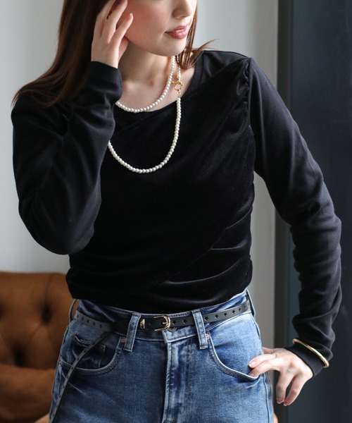 cepo（セポ）の「異素材クロスドッキング ベロアロングスリーブTee（Tシャツ/カットソー・レディース・ブラック/ホワイト/チャコール・FREE）」の14枚目の写真