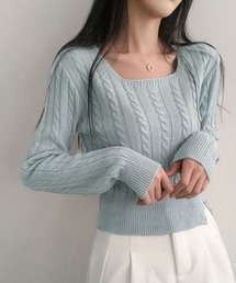VIVID LADY | スクエアネック ケーブル編み ウエストボタン ニットトップス(ニット/セーター)