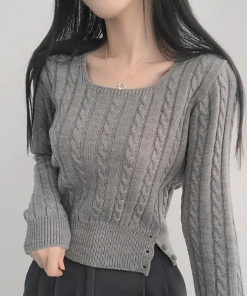 VIVID LADY（ビビッドレディー）の「スクエアネック ケーブル編み ウエストボタン ニットトップス（ニット/セーター・レディース・アイボリー/ブラック/ライトブルー/グレー・FREE）」の12枚目の写真