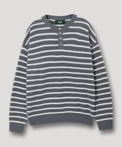 NODU（ノードユー）の「ボタンポイントストライプヘンリーネックラウンドニットTシャツ[グレー]（Tシャツ/カットソー・メンズ・その他・MEDIUM/LARGE）」の6枚目の写真