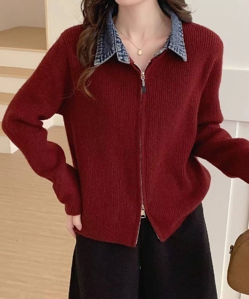 Aelina(エリナ)の「ダブルジップ襟デニム切り替えニットトップス(ニット/セーター・レディース・ライトグレー/レッド/ダークグレー/ネイビー/ブラック/オフホワイト・FREE)」の6枚目の写真