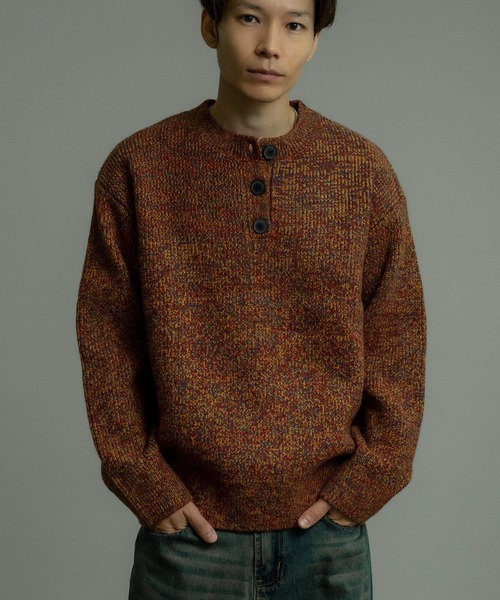 improves（インプローブス）の「ミックスカラー ヘンリーネック ルーズニットプルオーバー（ニット/セーター・メンズ・グレー/ブラウン/ネイビー・MEDIUM/LARGE）」の3枚目の写真