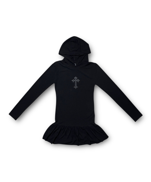 Cross Frill Layered Long Sleeve Hoodie (Black) — чёрный слоёный худи