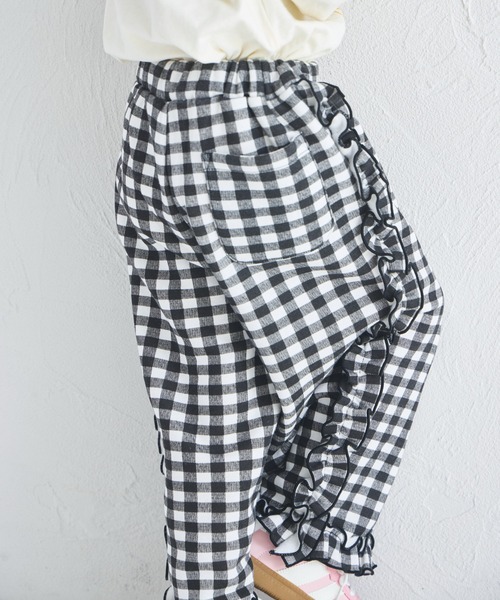 セール】【ぬくふわ】ガールズ チェック サイドフリル 裏起毛 パンツ