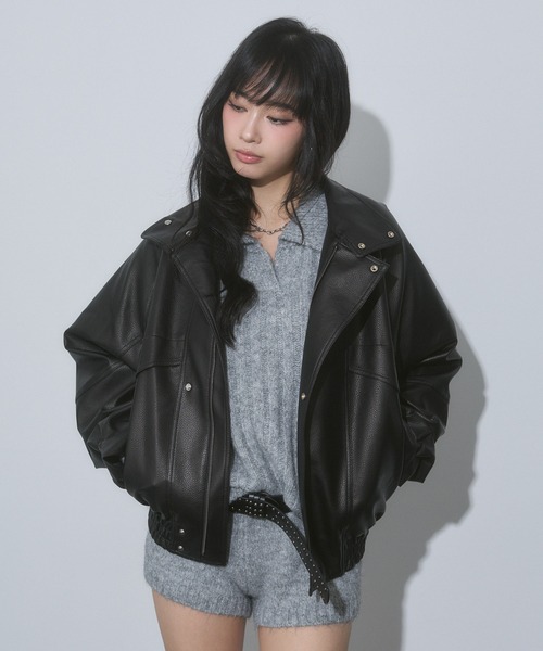 スタンドカラー レザー オーバーサイズ ジャケット（ブルゾン）｜ENVYM