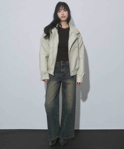 ENVYM（アンビー）の「スタンドカラー レザー オーバーサイズ ジャケット【2026年春新作】（ブルゾン・レディース・アイボリー/ブラック/ブラウン・FREE）」の20枚目の写真