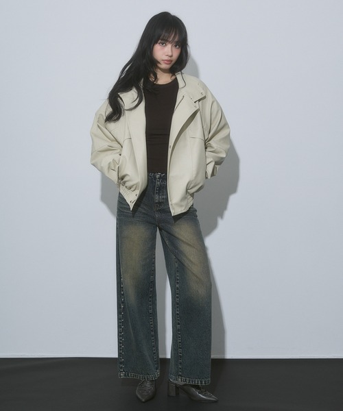 ENVYM（アンビー）の「スタンドカラー レザー オーバーサイズ ジャケット【2026年春新作】（ブルゾン・レディース・アイボリー/ブラック/ブラウン・FREE）」の21枚目の写真