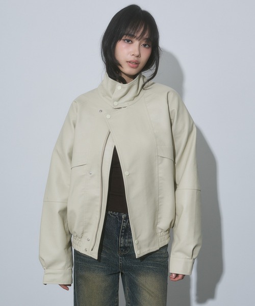 セール】スタンドカラー レザー オーバーサイズ ジャケット（ブルゾン