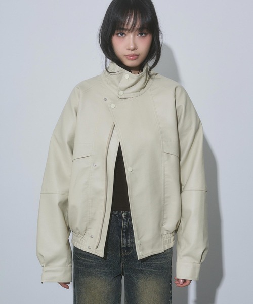 スタンドカラー レザー オーバーサイズ ジャケット（ブルゾン）｜ENVYM