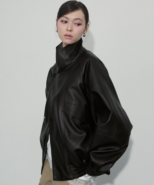 スタンドカラー レザー オーバーサイズ ジャケット（ブルゾン）｜ENVYM