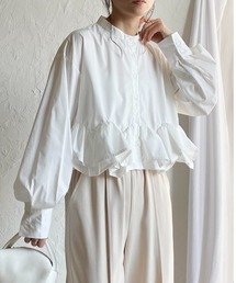 ショート丈 長袖ボリュームスリーブ 裾フリルブラウス シャツ