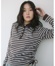 STRIPE SHIRRING RUGBY L/S TEE(BROWN)