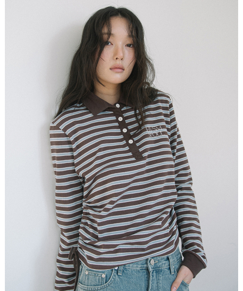 HAVISM（ヘビズム）の「STRIPE SHIRRING RUGBY L/S TEE(BROWN)（ポロシャツ・レディース・その他・ONE SIZE）」の2枚目の写真
