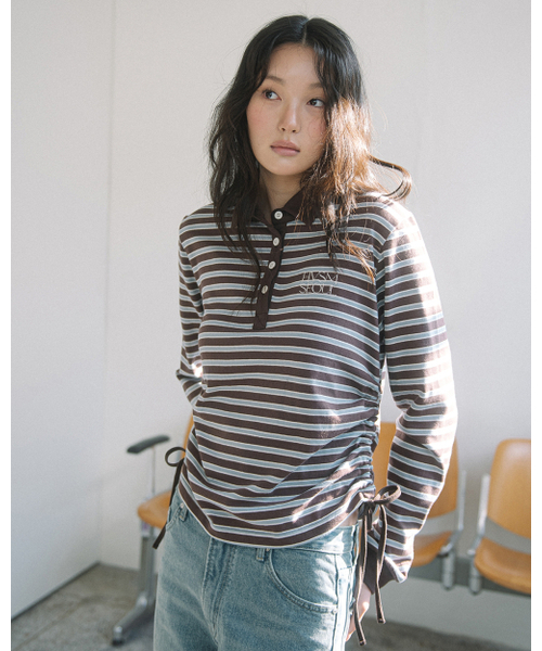 HAVISM（ヘビズム）の「STRIPE SHIRRING RUGBY L/S TEE(BROWN)（ポロシャツ・レディース・その他・ONE SIZE）」の3枚目の写真