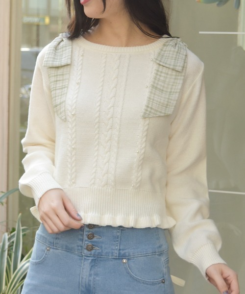 axes femme(アクシーズファム)の「チェックシフォンリボンニット(ニット/セーター・レディース・ピンク/サックスブルー/キナリ・FREE)」の2枚目の写真