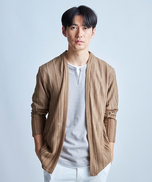 UNION STATION(ユニオンステーション)の「<ストレッチ><マシンウォッシャブル><接触冷感><通気性>シアJQDストライプカーディガン(カーディガン/ボレロ・メンズ・ブラック/ネイビー/ベージュ・L/M)」の1枚目の写真