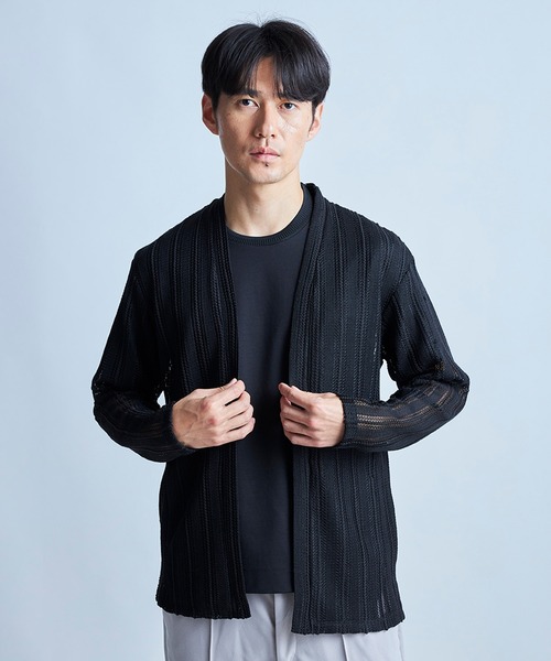 UNION STATION(ユニオンステーション)の「<ストレッチ><マシンウォッシャブル><接触冷感><通気性>シアJQDストライプカーディガン(カーディガン/ボレロ・メンズ・ブラック/ネイビー/ベージュ・L/M)」の2枚目の写真