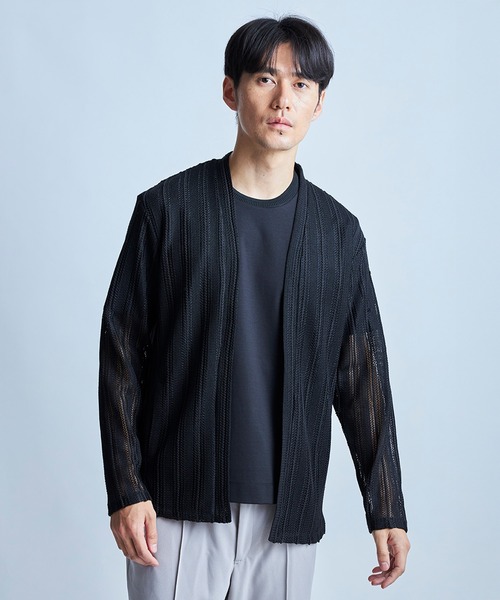 UNION STATION(ユニオンステーション)の「<ストレッチ><マシンウォッシャブル><接触冷感><通気性>シアJQDストライプカーディガン(カーディガン/ボレロ・メンズ・ブラック/ネイビー/ベージュ・L/M)」の4枚目の写真