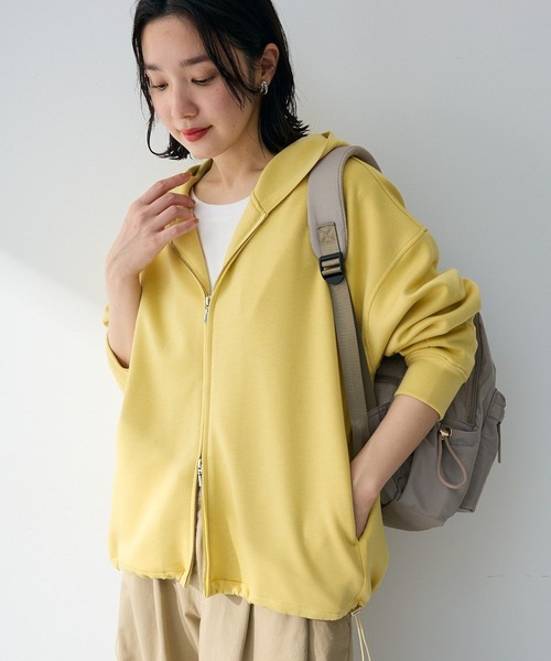 Green　Parks（グリーンパークス）の「ダブルZIP裾ドロストパーカー（パーカー・レディース・ライトベージュ/ブラック/イエロー/杢グレー・FREE）」の4枚目の写真