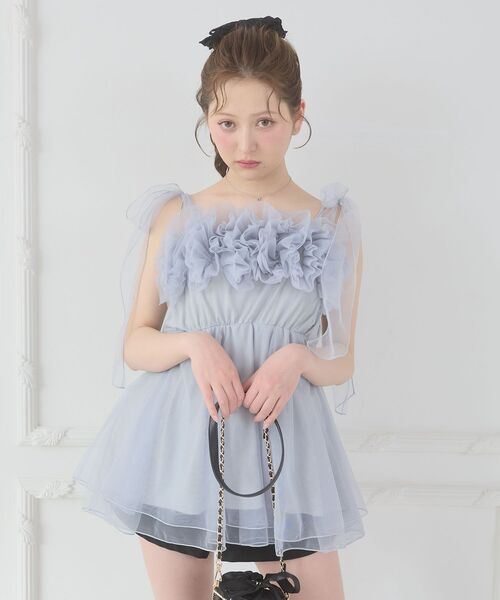 MAJESTIC LEGON（マジェスティックレゴン）の「ショルダーリボンフリルビスチェ（キャミソール・レディース・グレー/アイボリー/ピンク・MEDIUM）」の13枚目の写真