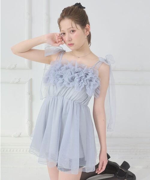 MAJESTIC LEGON（マジェスティックレゴン）の「ショルダーリボンフリルビスチェ（キャミソール・レディース・グレー/アイボリー/ピンク・MEDIUM）」の12枚目の写真