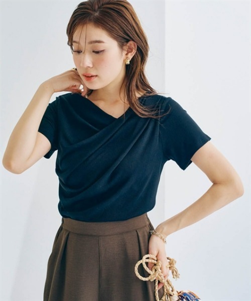 nissen（ニッセン）の「ドレープデザインリブトップス（Tシャツ/カットソー・レディース・アイボリー/ブラック/サックスブルー・M/S/LL/L）」の4枚目の写真