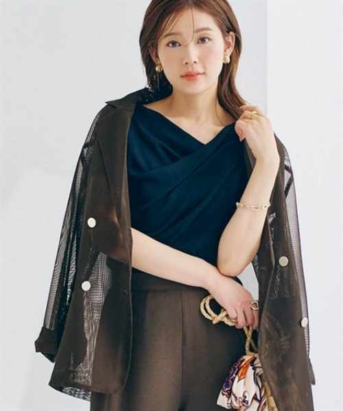 nissen（ニッセン）の「ドレープデザインリブトップス（Tシャツ/カットソー・レディース・アイボリー/ブラック/サックスブルー・M/S/LL/L）」の6枚目の写真