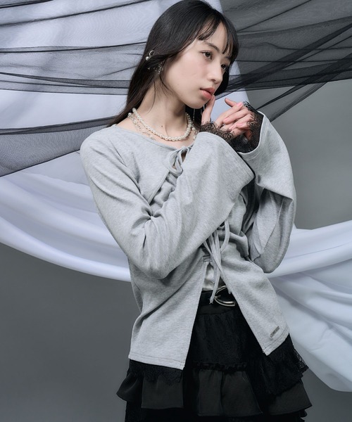 HARE（ハレ）の「【NANA×HARE】レイヤードリボンデザイントップス（Tシャツ/カットソー・レディース・グレー/ブラック・FREE）」の9枚目の写真