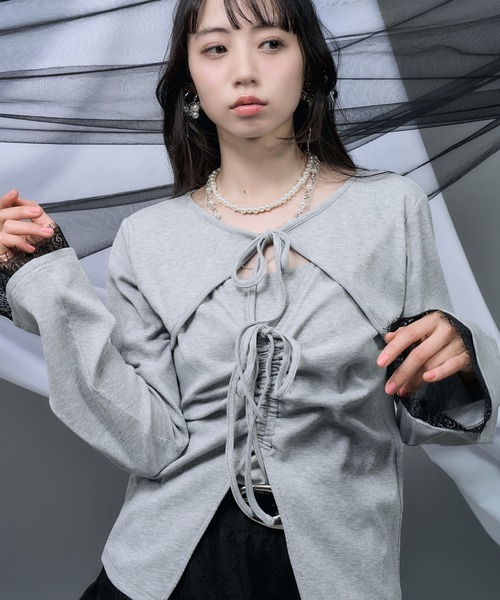 HARE（ハレ）の「【NANA×HARE】レイヤードリボンデザイントップス（Tシャツ/カットソー・レディース・グレー/ブラック・FREE）」の12枚目の写真