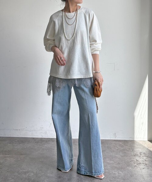 DouDou（ドゥドゥ）の「【WEB限定】スラブ天竺ロゴロンTEE（Tシャツ/カットソー・レディース・ピンク/ホワイト/ベージュ・FREE）」の5枚目の写真