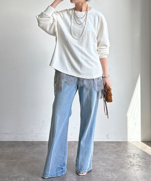 DouDou（ドゥドゥ）の「【WEB限定】スラブ天竺ロゴロンTEE（Tシャツ/カットソー・レディース・ピンク/ホワイト/ベージュ・FREE）」の6枚目の写真