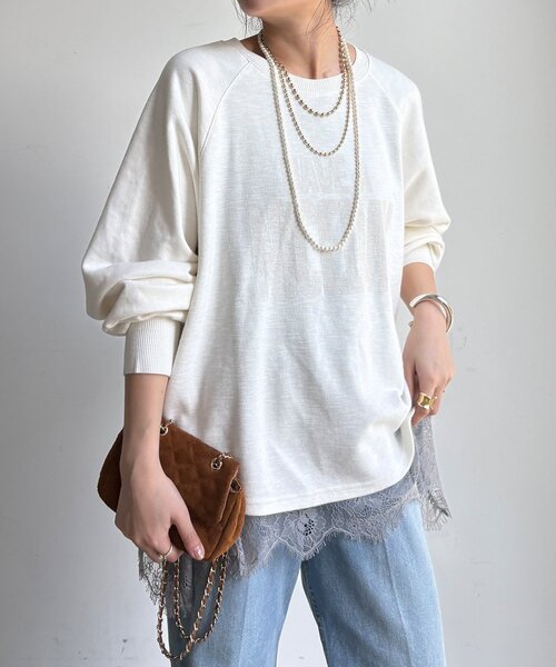 DouDou（ドゥドゥ）の「【WEB限定】スラブ天竺ロゴロンTEE（Tシャツ/カットソー・レディース・ピンク/ホワイト/ベージュ・FREE）」の9枚目の写真