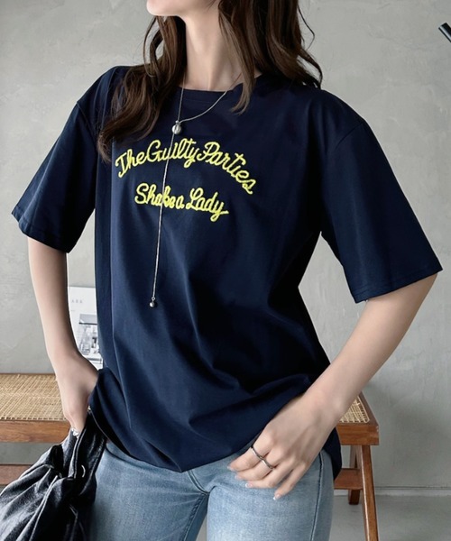 Eclat one(エクラワン)の「【Eclat one】英字 刺繍ロゴ ゆるシルエット 半袖 カットソー(Tシャツ/カットソー・レディース・ネイビー/ホワイト/グレー・FREE)」の3枚目の写真